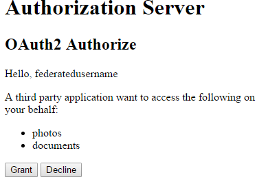 Authorisation server screen A form prompting the user to grant the Client app access to his resources