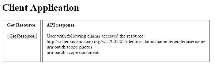 Resource successfully accessed screen Main screen for the Client app with the resource loaded