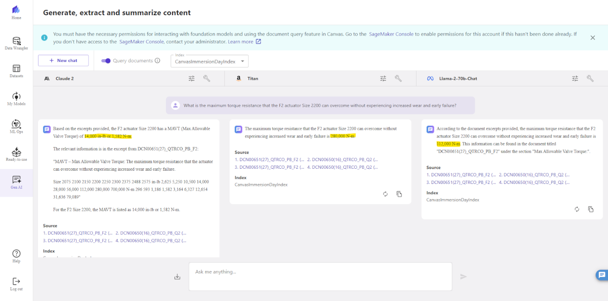 Screenshot of AWS SageMaker Canvas showing a parallel chat conversation posing the same questions to 3 different LLMs Screenshot of AWS SageMaker Canvas showing a parallel chat conversation posing the same questions to 3 different LLMs