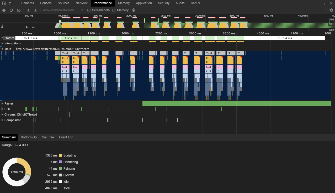 It's scary at first, but this is one of the most helpful things ever The performance tab of developer tools is shown. It has a number of small squares for each function that ran